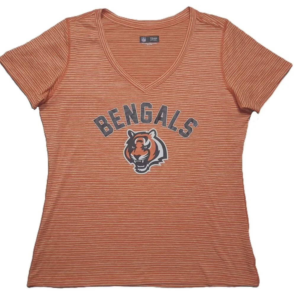 NFL Team Apparel Cincinnati Bengals Womens L Short Sleeve V Neck Stripped Shirt - Picture 1 of 8